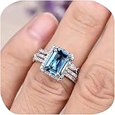 FLYYQMIAO Square Cut Created Sapphire Three-in-One Rings Set for Women Girl 925 Sterling Silver Cubic Zirconia Princess Cut Blue Sapphire Engagement Wedding Bridal Bands Rings Set (7), XG-Q363-7