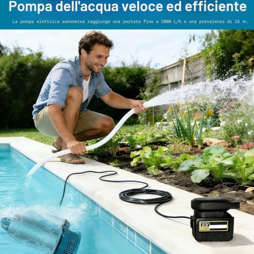 5000L/H Battery Powered Submersible Water Pump with 10m Hose, 5m Connecting Cable, 21V Battery and Charger for Swimming Pool, Water Bed, Garden Irrigation