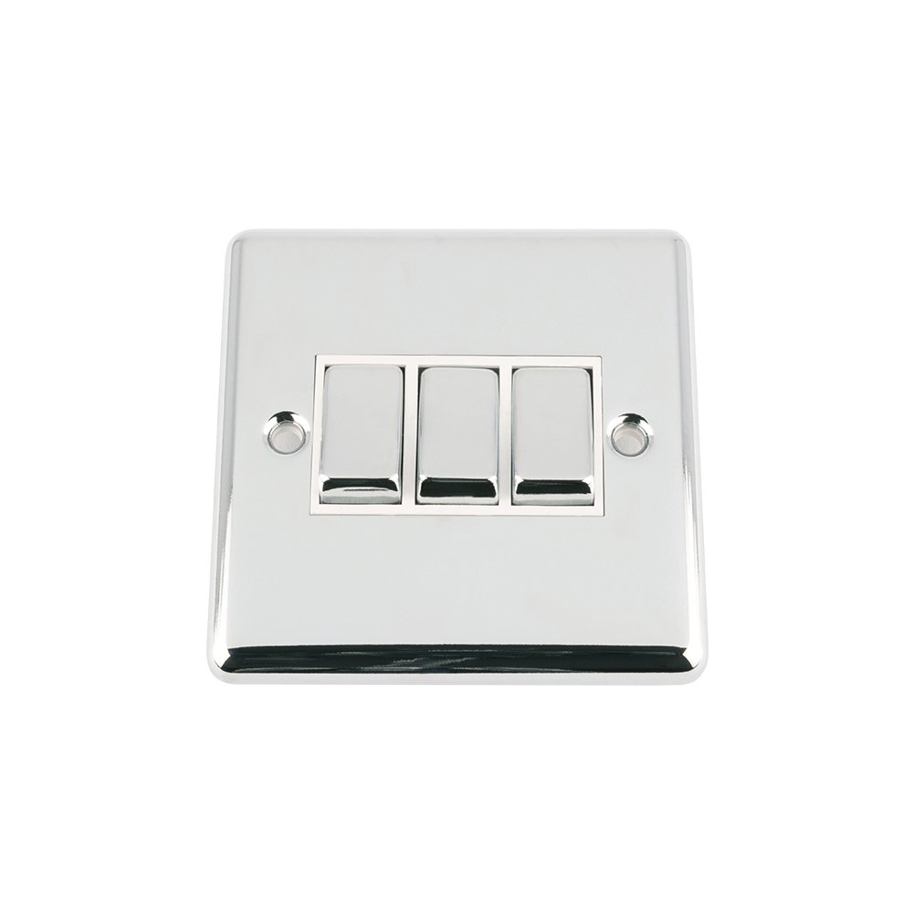 A5 Light Switch 2 Gang - Polished Chrome - Classic - White Insert Metal Switch - 10 Amp Triple 3 Gang 2 Way
