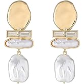 Donabus Statement Pearl Dangle Earrings,Gold and Large Pearl,Luxury Chandelier Organic Style Earrings