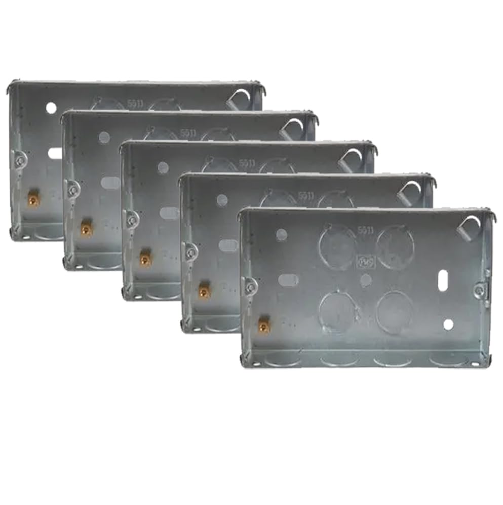 rhinocables Metal 2 Gang Double Socket Back Box, Double Pattress Box Mount, Steel Knock Out Flush Mount (5 Pack, 25mm)