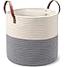 Two-Tone Coiled Cotton Rope Basket - Large Size, 15 x 15 x 14 Inch - Decorative Woven Storage Basket for Laundry Clothes, Toys, Blankets, Pillows