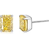 PHNIBIRD 1.5CT Radiant Cut Diamond Earrings 925 Sterling Silver White/Red/Blue/Pink/Yellow Diamond Studs with 6x8mm Sparkly Simulated Diamond Cubic Zirconia Studs Earrings for Christmas Valentines Birthday Mother's Day Gifts