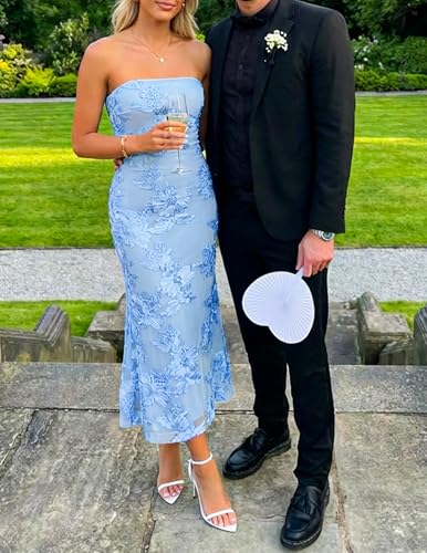 ZESICA Cocktail Wedding Guest Dresses for Women 2026 Summer Strapless Floral Bodycon Mesh Tube Formal Party Midi Dress