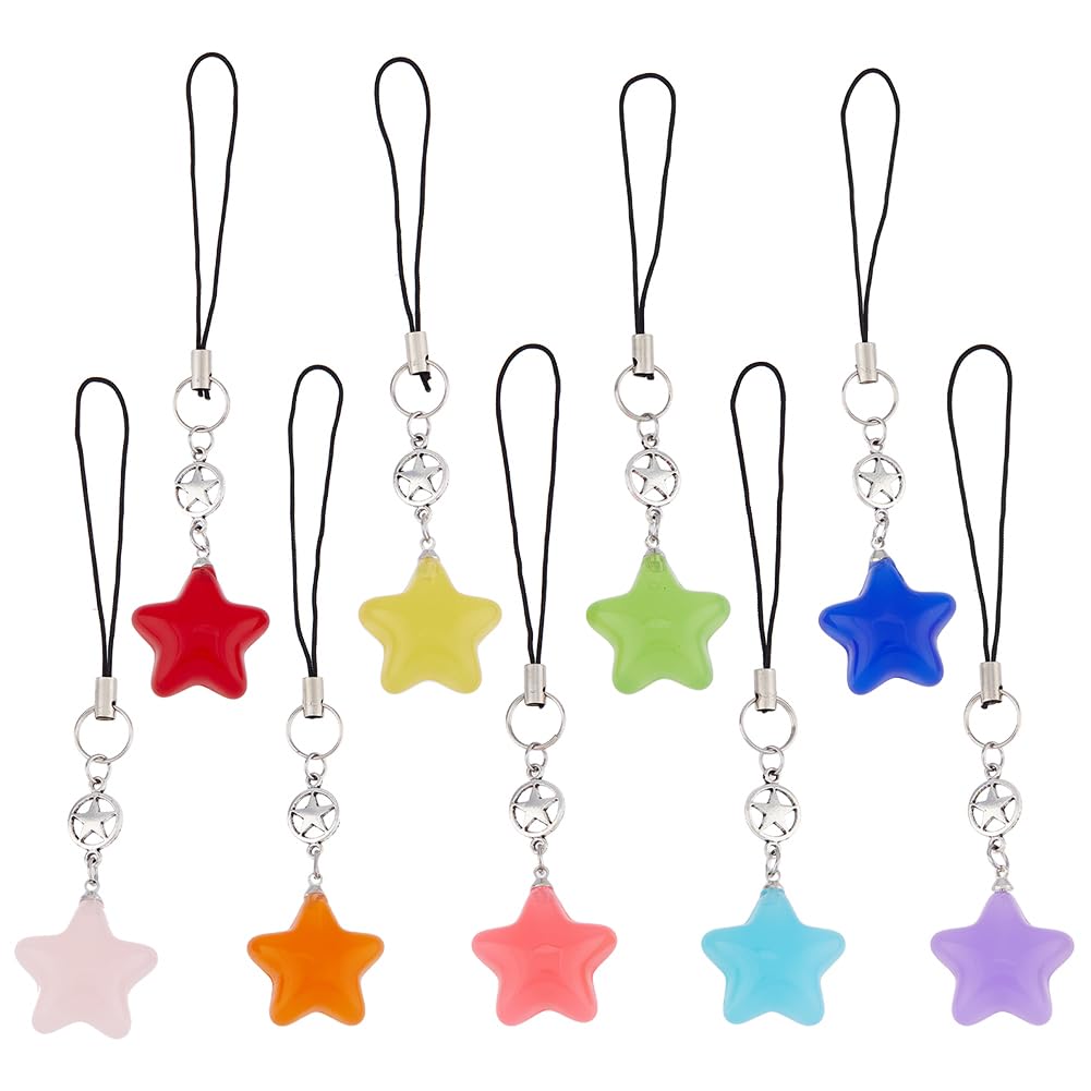 SUPERFINDINGS 9Pcs Acrylic Star Dangle Beads Cell Phone Straps 10.8cm Cute Colorful Mobile Strap with Nylon Cord Phone Decoration Strap for Smartphones Backpack Wallet