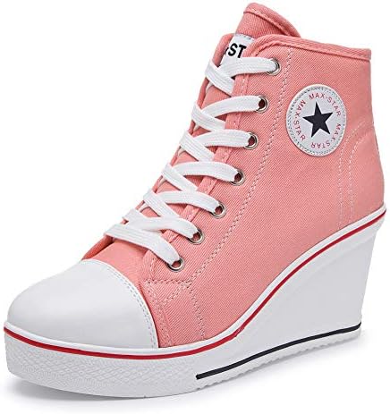 Hurriman Women's Wedge Sneakers High Heel Canvas Shoes Lace up High Top Side Zipper Fashion Sneakers