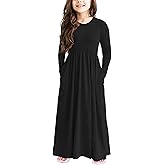 21KIDS Girls Maxi Dress Kids Solid Long Sleeve Casual Dresses with Pockets for Girls 6-12 Years