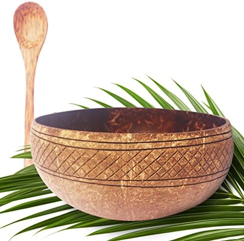VIBE Coconut Bowl with Spoon - Mix and Match, 7 Designs To Choose From. Hand-Carved and Sustainably Produced By Top Coconut Smoothie Bowl Artisan - Premium, Vegan, Buddha Bowls (Koa)