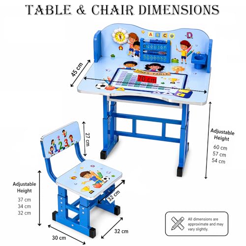 Toshionics Adjustable Kids Study Table & Chair Set | Egonomic Study Desk with Learning Board & Clock, Adjustable Height School Desk with Storage Cup Tiltable Desktop for Kids 3-15 - Pink