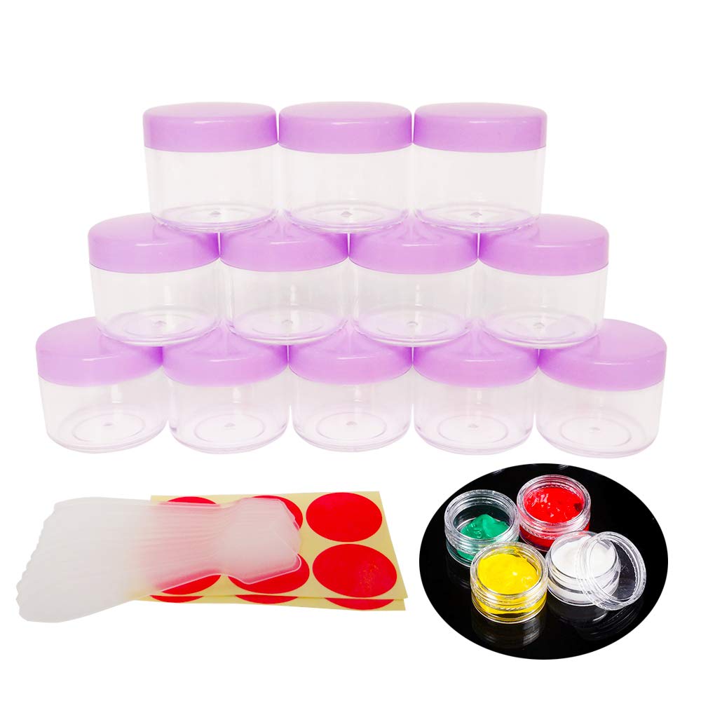 Wopanxye 12pcs 20 Gram 20ml Small Empty Sample Jars, Refillable Cosmetic Container, Plastic Round Pot Purple Screw Cap Lid, Tiny 20g Bottle Travel Size for Makeup Eye-shadow Nails Salves Ointments