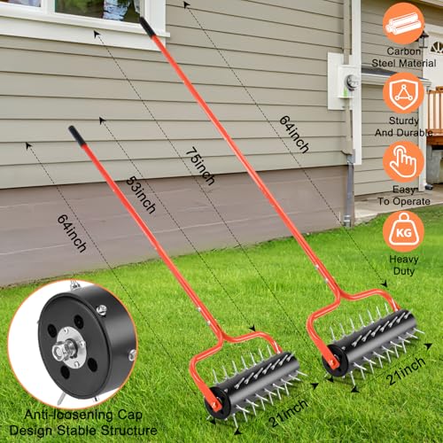 Asunrise 21" Rolling Lawn Aerator, 45 Preassembled Spikes, Only Needs 3-5 Minutes to Assemble, No Looseness, Good Package, 75" Long Handle with Quick Clip Connections, U-Shape Construction - Orange.