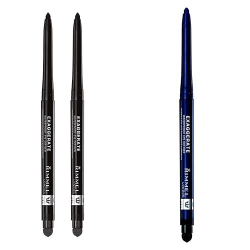 Rimmel London Exaggerate Waterproof Eye Definer Bundle, Blackest Black & Deep Ocean, Built-In Smudger and Sharpener