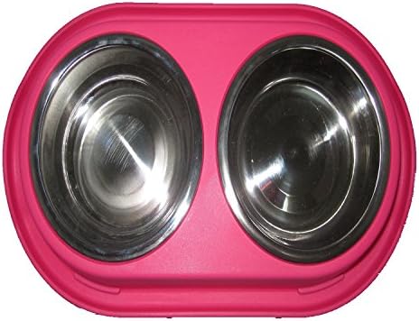 Pet Bowl, Oval Nontoxic Plastic Base &amp; Removable Stainless Steel Bowl (2 X 10 OZ, Pink)