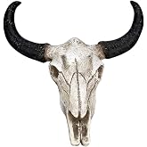 Resin Cow Skull Wall Decor, Western Bull Skull Wall Art Hanging, Rustic | Realistic bone texture, aged ivory skull and black horns for western farmhouse walls; compact accent for nooks and bars