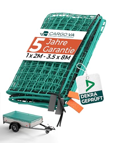 CargoVA Anhängernetz 3,5x7M [DEKRA Geprüft] - Ladungssicherungsnetz mit Gummiseil & Eckenmarkierung - Abdecknetz für Anhänger, Reißfest