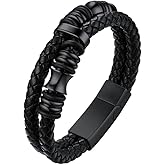 ChainsHouse Mens Wrap Braided Leather Black Bead Bracelets Bangles, Vintage Star of David/Wing Skull/Templar Cross Genuine Leather Bracelet, Customize Available, Size 7.5/8.3/9.0 Inch, Send Gift Box