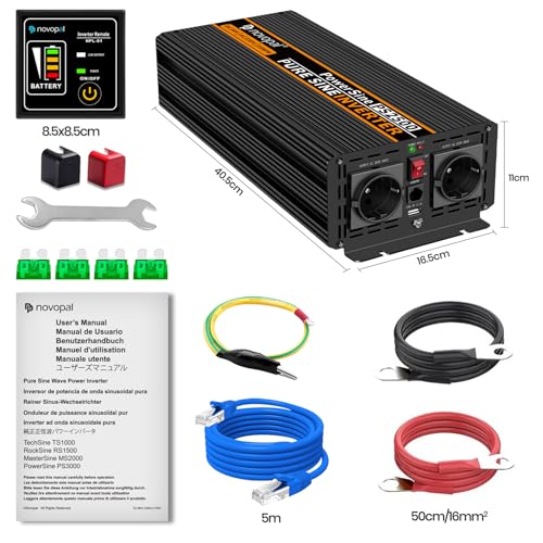 Novopal -2500W 5000W Pure Sine Wave Inverter Power Transformer Converter - DC 12V to AC 220V 230V 240V Voltage Inverter - 2 EU Socket with USB Output - 5 Meters Remote Control
