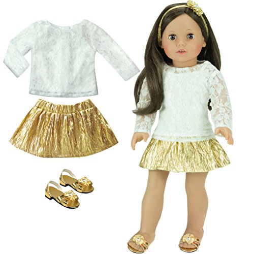 18 Inch Doll Clothing Outfit, 4 Pc Special Occasion Dress Set Fits American Girl Dolls & More! Set Includes: Shimmering Gold Doll Skirt, Gold Flower Headband, Gold High Heels & White Lace Doll Top