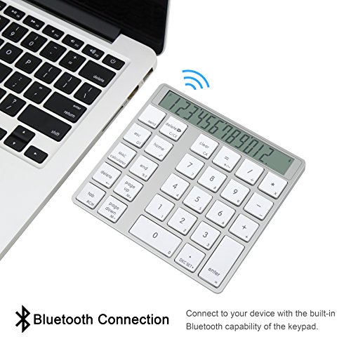 Cateck 2-in-1 Aluminum Bluetooth 28 Keys Wireless Magic Keypad & Calculator for Macs and PCs, Built in Dual Rechargeable Lithium Batteries