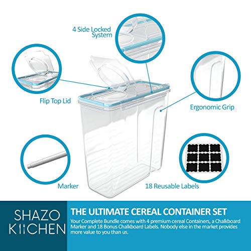 Set of 4 Cereal & Dry Food Storage Container (16.9 Cup/135.2oz) + 4 Measuring Cups Set + FREE Labels & Marker -100% Airtight Lid - BPA-Free Dispenser Keepers for Cereal, Flour, Sugar, Coffee, Rice etc