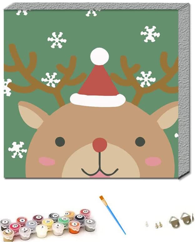 ABEUTY Paint by Numbers for Children Kids, Sika Deer with a Christmas Hat 25x25 cm Number Painting with Frame