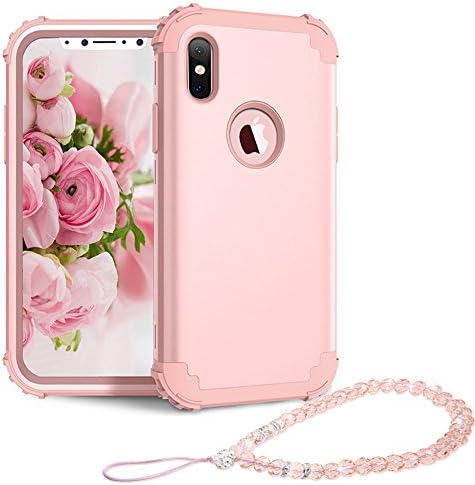 iPhone X Case Shockproof Armor - USAcases Heavy Duty High Impact Resistant Three Layer Hybrid Sturdy Armor Anti-Drop With Fashion Crystal Beads Cell Phone Lanyard Strap for iPhone X (Rose Gold)