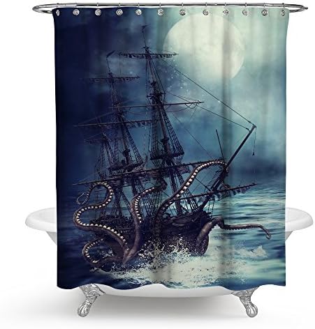 Waterproof Shower Curtain Pirate Sail Boat Wave Octopus Bathroom Mildew Resistant
