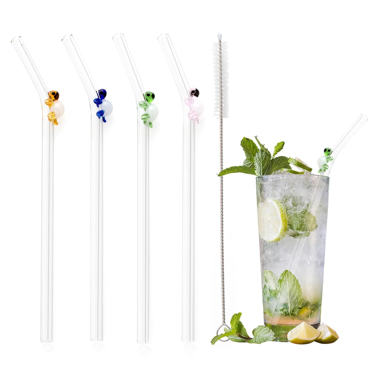 Photo 1 of /3/Pcs Glass Straws With Turtle Charms, Cute Fun Reusable With Design Clear Bent Straws, With 1 Pcs Straw Brush for Party Drink Cocktail (4 Pcs Turtle)