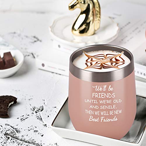 We'll Be Friends Best Friend Wine Tumbler, Inspirational Friendship Birthday Gifts for Women Girls Sisters, Gingprous12 Oz Insulated Wine Tumbler Cup, Blush Gold