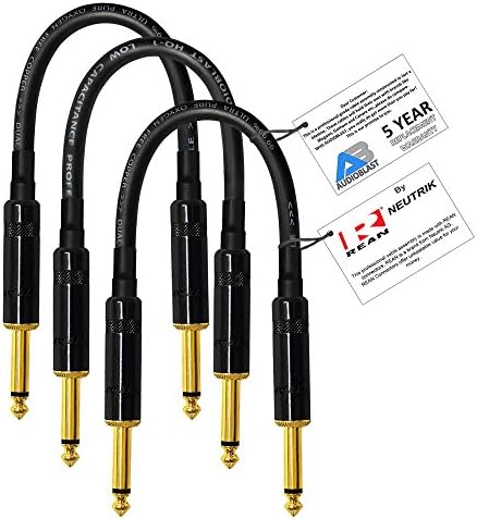 3 Units - 6 Inch - Audioblast HQ-1 - Ultra Flexible - Dual Shielded (100%) - Guitar Instrument Effects Pedal Patch Cable w/ Neutrik-Rean NYS224BG Gold ¼ inch (6.35mm) TS Plugs &amp; Triple Staggered Boots