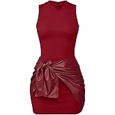 MakeMeChic Women's Leather Dress Sleeveless Summer Dresses with Ruched Wrap Tie Skirts Date Night Outfit