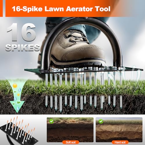 Bluesea Lawn Aerator Tool - 16 Iron Spikes with Ergonomic T-Handle, Automatic Dirt Clean for Soil Loosening & Yard Aeration, Manual Metal Grass Aerator (Orange)