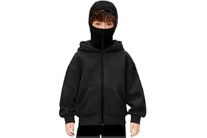 Boys Girls Balaclava Hoodie Jacket with Face Mask, Kids Zip Up Double Hooded Sweatshirts Windproof Fleece Coat