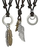 FIBO STEEL 3 Pcs Alloy Vintage Pendant Necklace for Men Women Leather Chain Adjustable