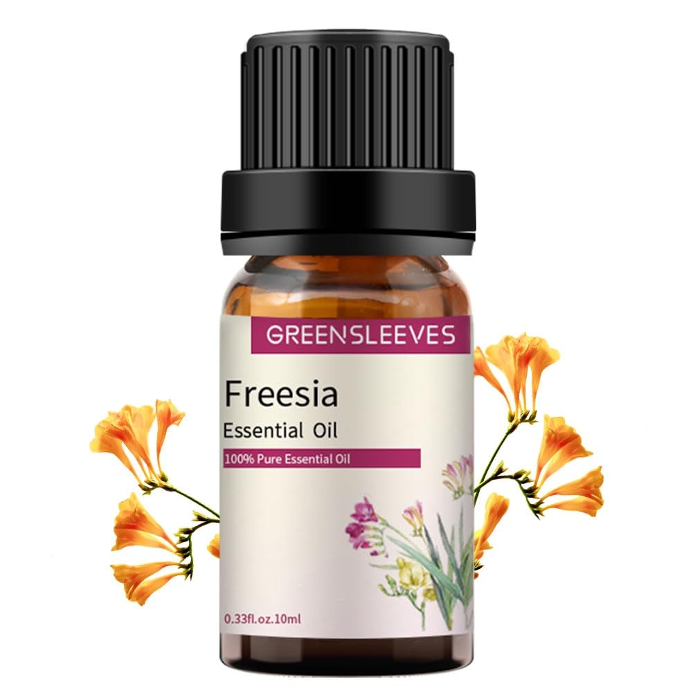 GREENSLEEVES Freesia Essential Oil 10ml, 100% Natural, Perfect for Air Freshener, Body Care, Aromatherapy Massage, Scented Candle, Bath Bombs, Cleaning Formulas, Soap Making, Diffuser etc.