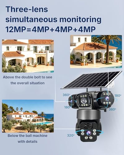 4G Solar Camera Outdoor, 3 Lens 3 Screen Surveillance CCTV Outdoor Camera for Home Security, V380 pro Human Detect Security Camera with Solar Panel, Motion Detection, PIR Alarm, Color Night Vision