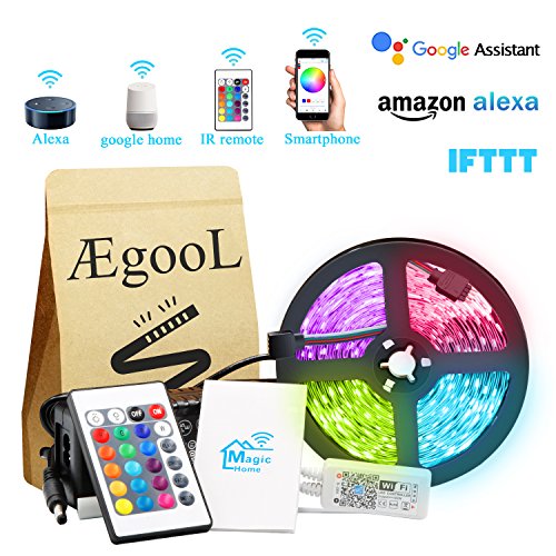 Wi-Fi Smart Phone, Music & Remote Controlled LED Strip Light Kit with Timer, 12V Dimmable String Rope Light 16.4Ft 300LEDs 5050, via Android IOS App Alexa Google Home & IFTTT