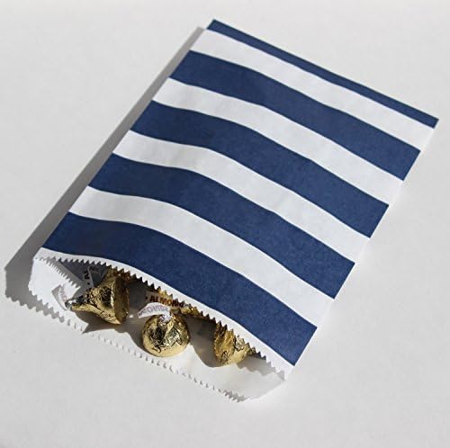 Navy Blue and White Rugby Stripe Party Favor Bags with Stickers, 5.5" x 7.5", Set of 48 Rugby Stripe Treat Bags and 48 Stickers