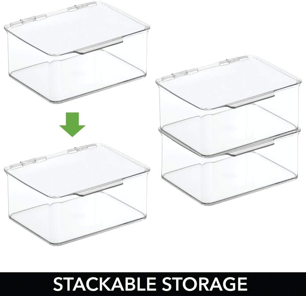 mDesign Small Mini Plastic Stackable Home, Office Supplies Storage Organizer Box with Attached Hinged Lid - Holder Bin for Note Pads, Gel Pens, Staples, Dry Erase Markers, Tape - 2 Pack - Clear : Office Products