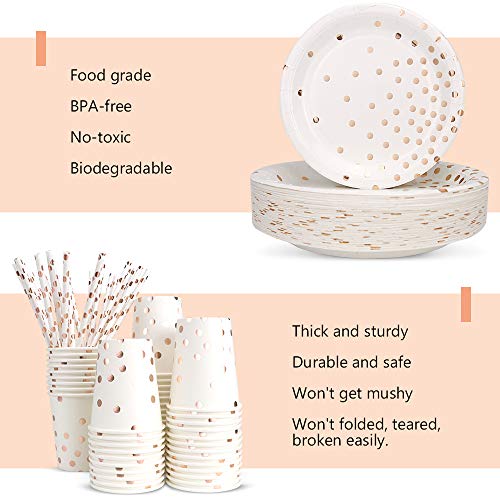 200PCS Disposable Paper Plates Party Supplies- Rose Gold Dots 50 Dinner Plates 50 Dessert Plates 50 Paper Straws and 50 9 oz Cups Biodegradable Heavy Duty for Birthday Wedding Party - Thumbnail 3