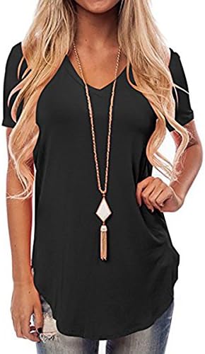 Women's Short Sleeve V-Neck Irregular Hem Loose Casual Tee T-Shirt Tops (USXL=Label Size2XL, Black)