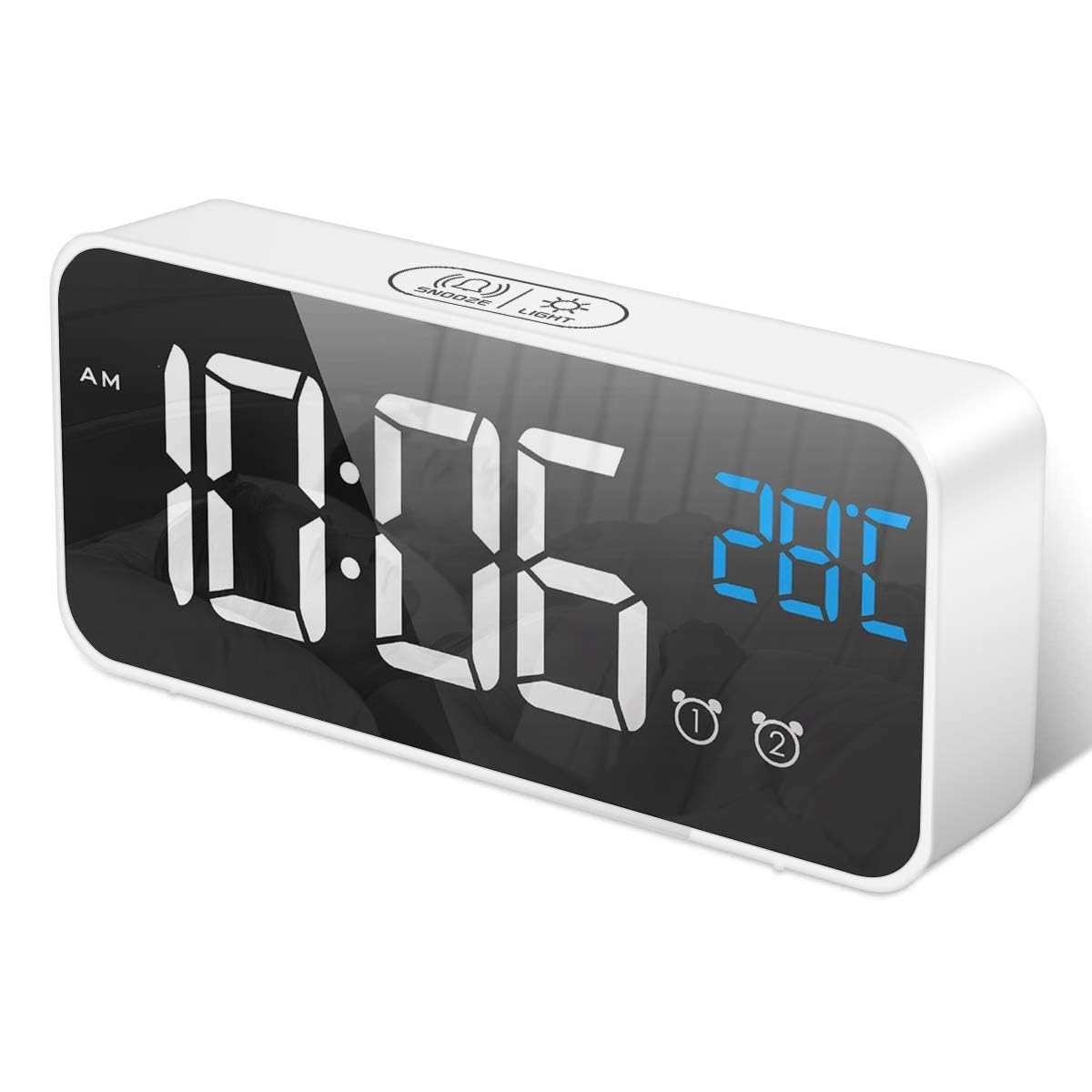 HOMVILLA Digital Alarm Clock with Big LED Temperature Display, Portable Mirror Alarm with Dual Alarm Snooze Time 4 Levels Adjustable Brightness Dimmer 10 Music USB Charging Port for Bedside, Bedroom