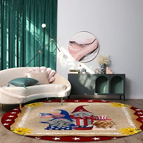 Extremely Comfortable Flooring Carpet Comfortable Runner Rug Youngsters Play Mats for Dwelling Room Bed room Nursery Decor Independence Day Cute Dwarf Flag Hat Contemporary Yellow Flower Pentagram Border Spherical Space Rug- 4ft Diameter
