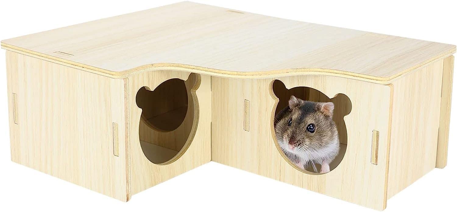 UNEAKO Multi-Chamber Hamster House Maze, 3-Room Hideouts, Wooden Hamster Maze & Tunnel Exploring Toys, Dwarf Hamster House Habitats Decor For Hamster Mice Gerbils Lemmings