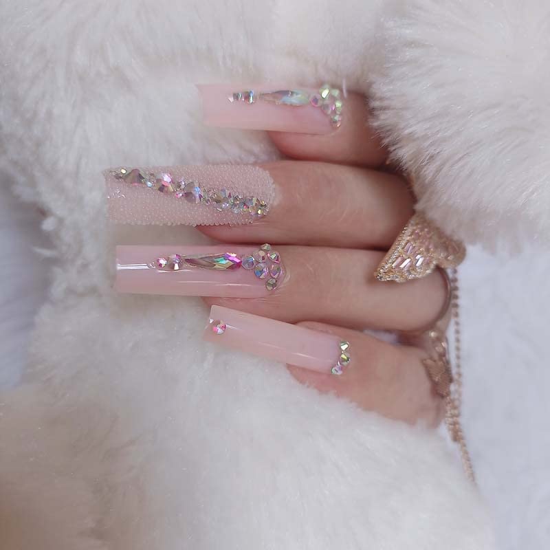 ZYBUXY 24pcs wedding nails for bride Luxury Super Long False nails Rectangl Acrylic, Nude Salon Fake Press on Nails Glossy for women and girls