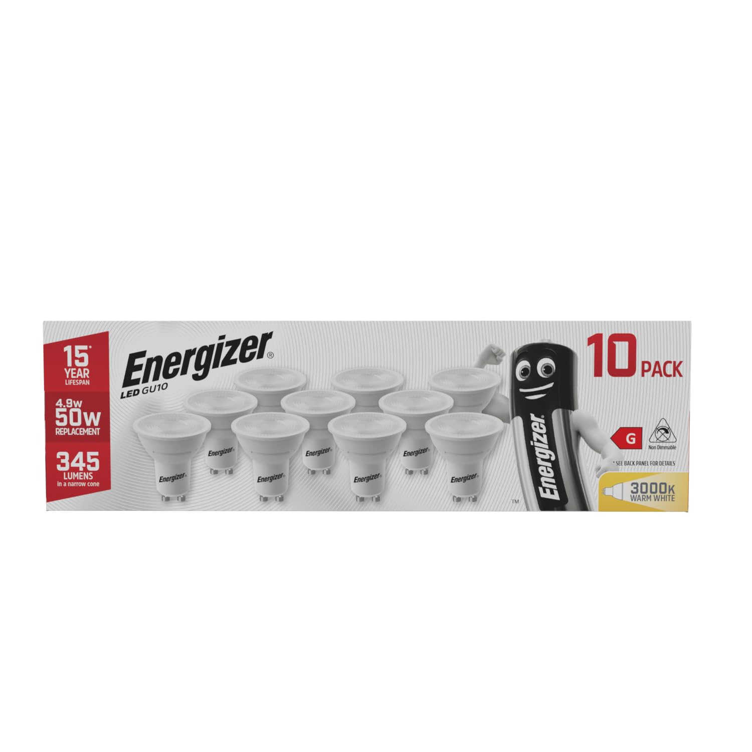 Energizer GU10 LED Bulbs Warm White 3000K Light Bulb Pack of 10 – 50W Halogen Spotlight Bulb Equivalent – 345LM Energy Saving GU10 Non Dimmable LED Bulbs — image 1