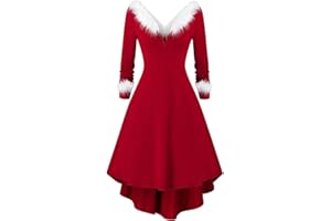 LMSXCT Womens Christmas Midi Dresses Long Sleeve Fuzzy V Neck High Low Dresses Mrs Santa Claus Costume Fancy Cosplay Outfits