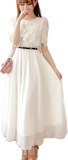 Amazon フッカツ シフォン ワンピース レディース 春夏 五分袖 マキシ丈 きれいめ 結婚式ドレス レース Aライン 花刺繍 着痩せ オシャレ ロング パーティー 通勤 ベルト付き ワンピース チュニック 通販