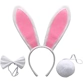 ZSPERKLA Easter Bunny Ears Headband Set White and Pink Rabbit Ears Headband Bowtie and Tail Halloween Cosplay Costume Accessories