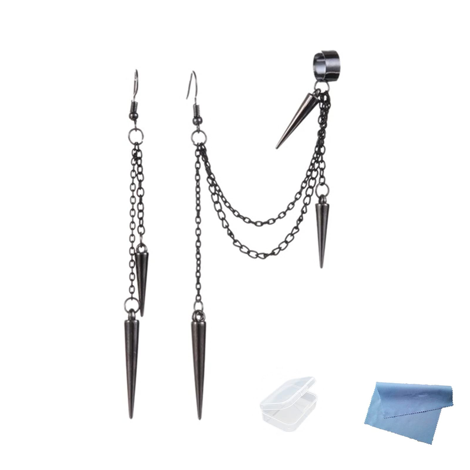 XHBTS Silver Punk Long Tassel Chain Ear Cuff Earrings Stainless Steel Vintage Barrel Nails Crawler Climer Dangle Drop Earrings for Men Women Unisex with Mini Cloth and Mini Box (Black)